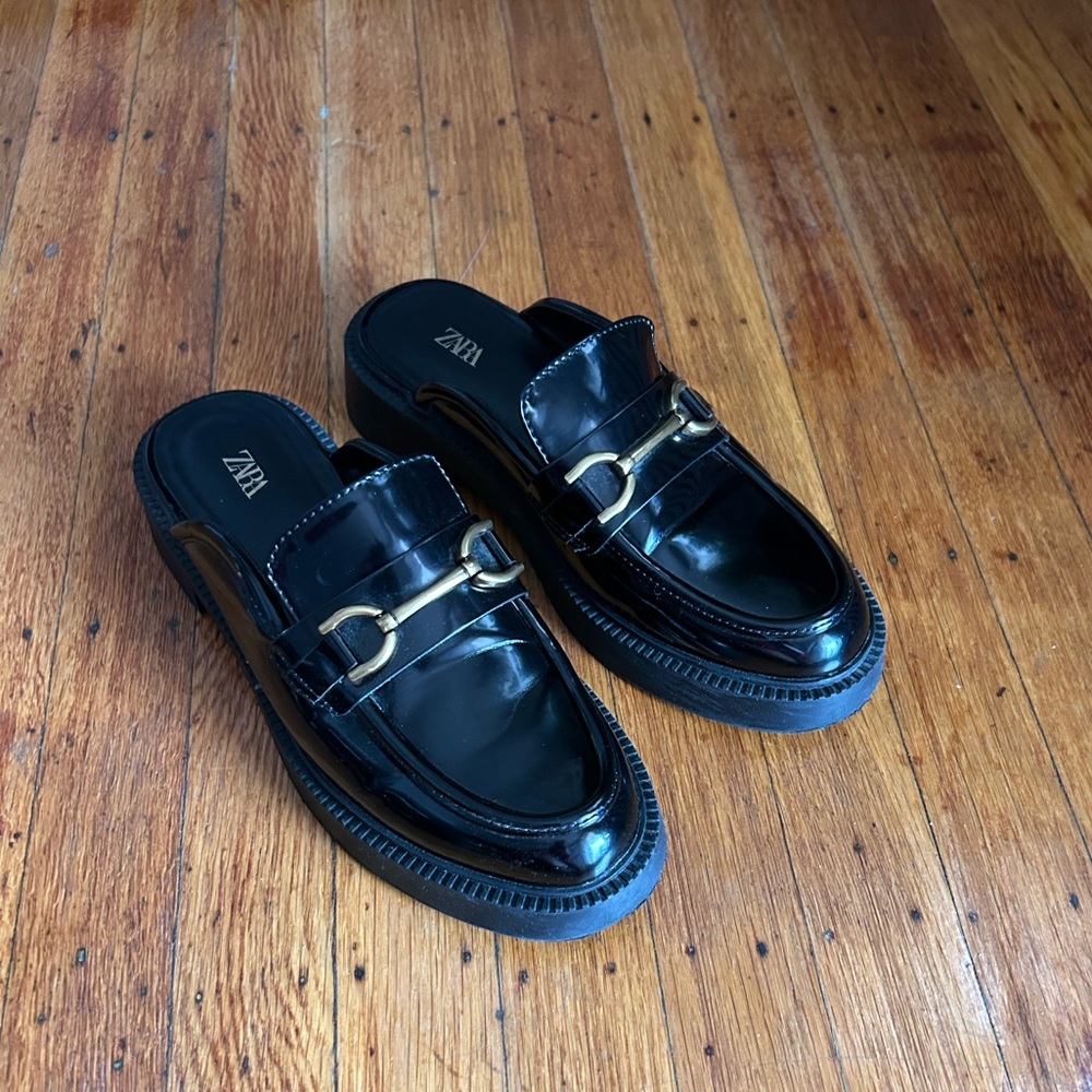 Zara Chunky Block Heel Metal Detail Mule Loafers Black Size 37